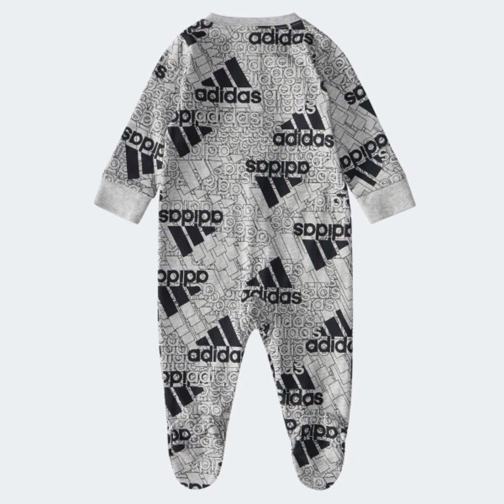 Adidas Gray & Black Allover Logo Print Footie Zip Up Sleep & Play Baby Size 6M